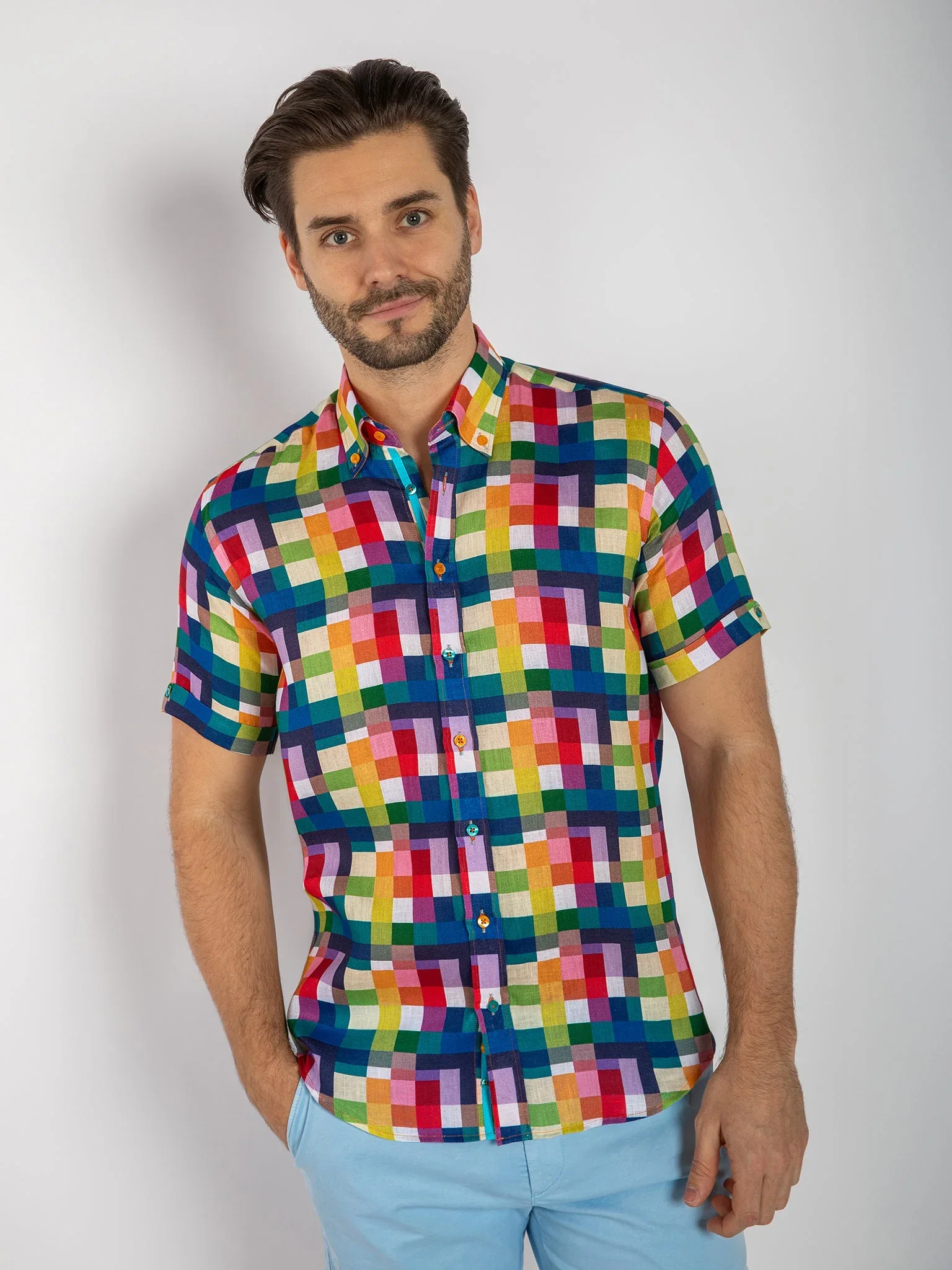 Image of MULTICOLOUR LINEN CHECK MEN'S SHORT SLEEVE SHIRT