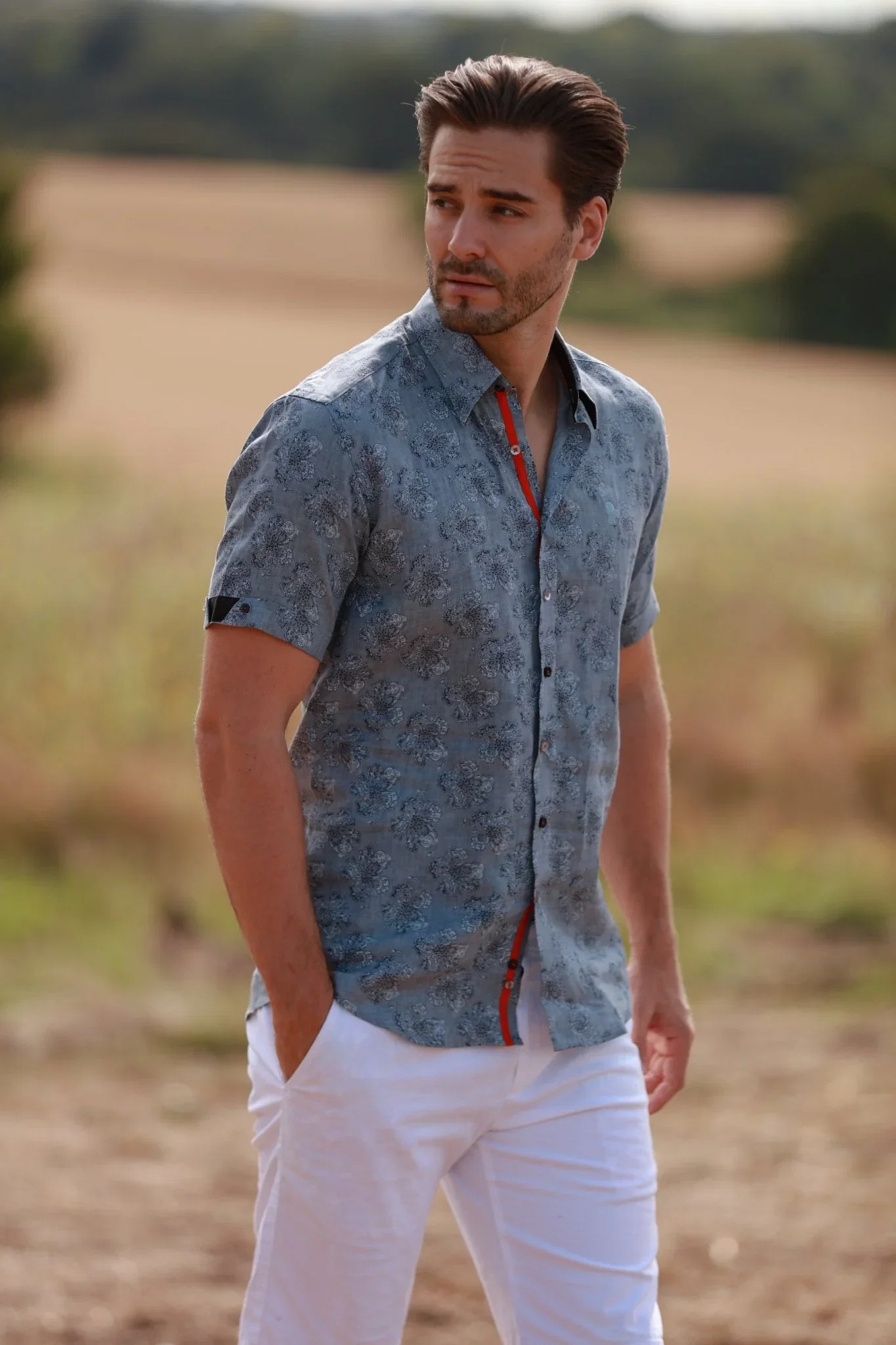 Image of LINEN GREY FLOWER MEN SHORT SLEEVE