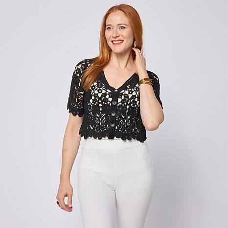 Nina Leonard Open Crochet Elbow-Sleeve Bolero Top
