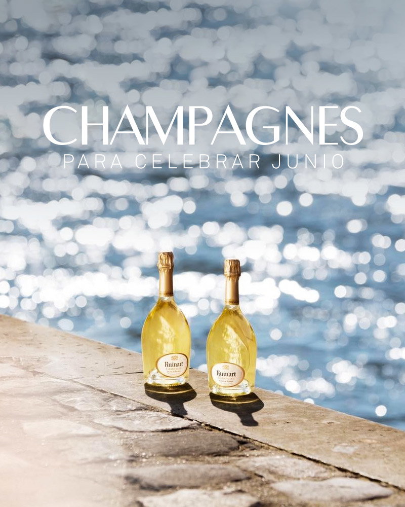Two Ruinart champagne bottles on a sunlit quay by sparkling sea with bokeh highlights and promotional text overlay