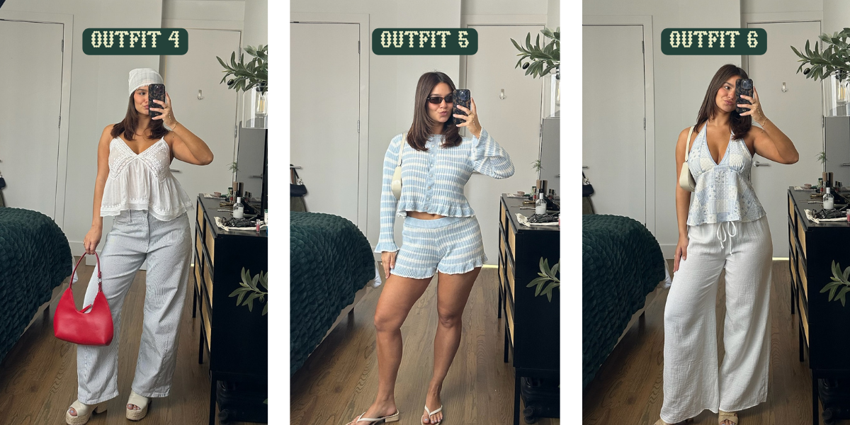 Three additional 4th of July outfit ideas styled by Noey, featuring white and red summer looks including a flowy peplum top with striped pants, a white tank paired with a red mini skirt, and a light blue printed peplum top with white wide-leg pants.