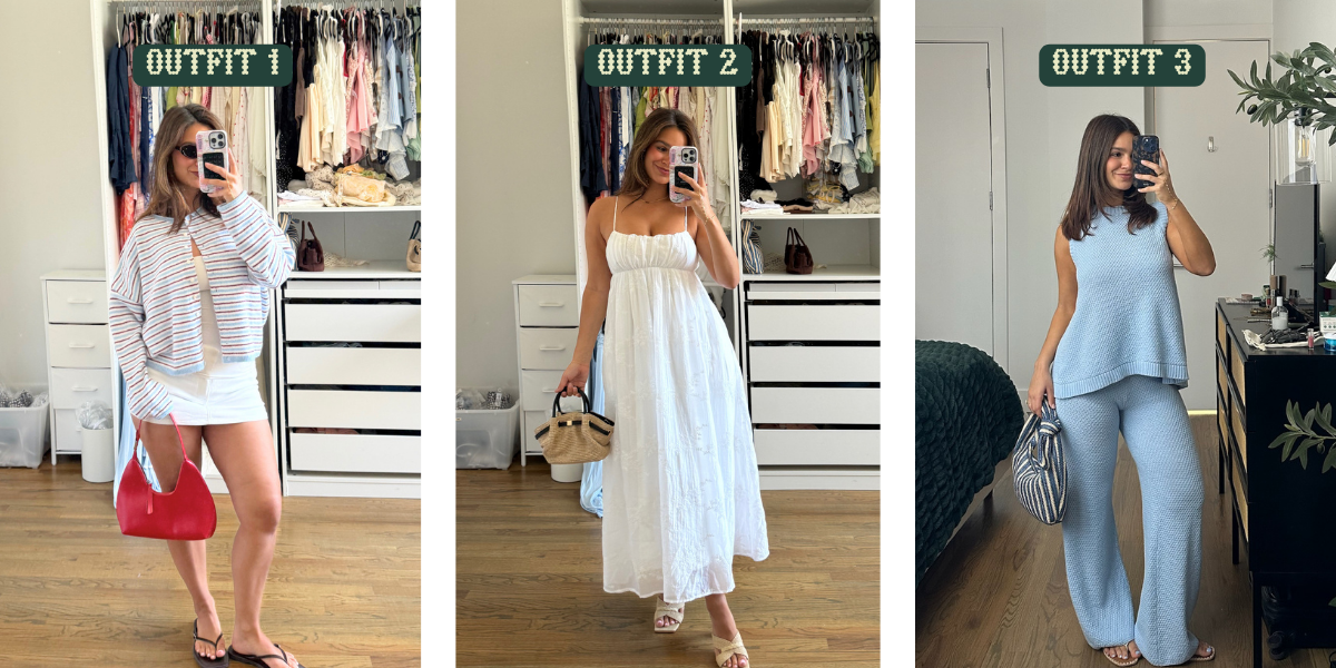 Noey's 4th of July lookbook featuring three outfit ideas: a striped long-sleeve top with white skirt and red bag, a white midi dress with woven handbag, and a white tank and shorts set with red accents.