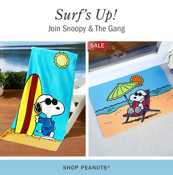 Surf's Up! Join Snoopy & The Gang. Shop Peanuts. Peanuts Surfing Snoopy Portuguese Cotton Beach Towel, In 2 Sizes, Sale: Peanuts Snoopy's Beach Day Indoor/Outdoor Rug and Doormat
