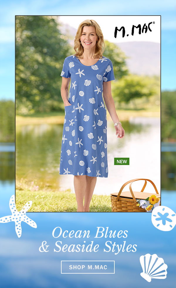 Ocean Blues & Seaside Styles. Shop M.MAC. New: M.MAC Pearly Seashells Mid-Length Cotton Knit Dress