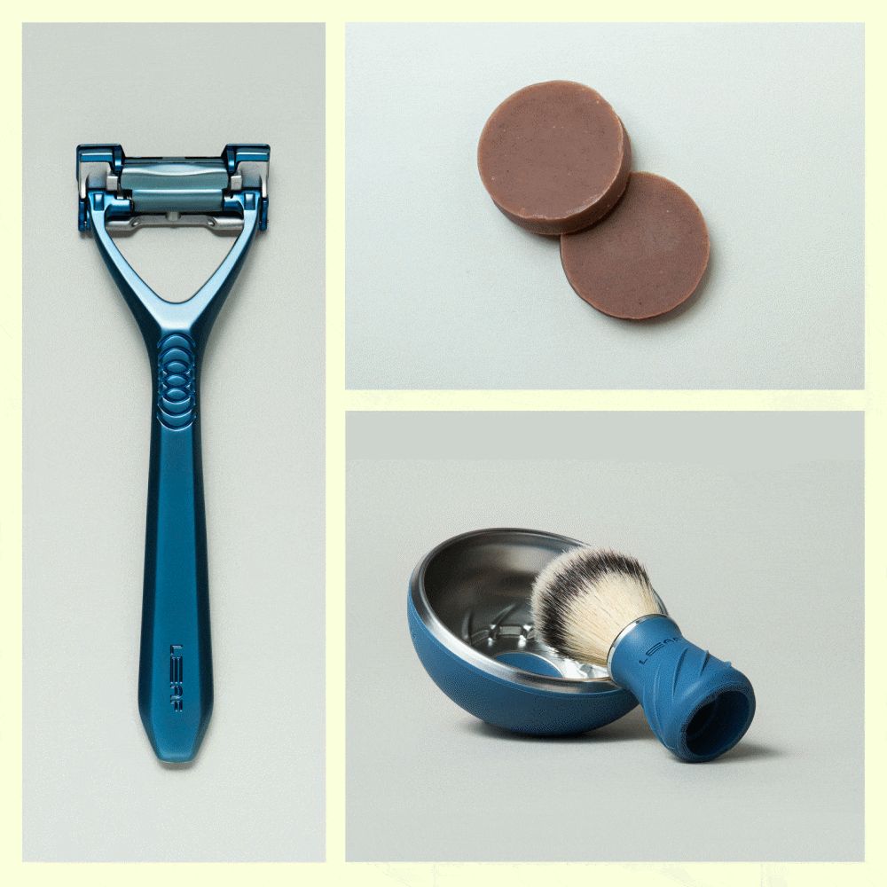 the bundle images with a leaf two razor, shave soap, and bowl and brush set.