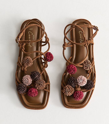 Tan Faux Suede Pom Pom Embellished Sandals