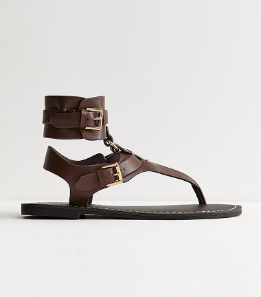Brown Faux Leather Detachable Cuff Flat Sandals