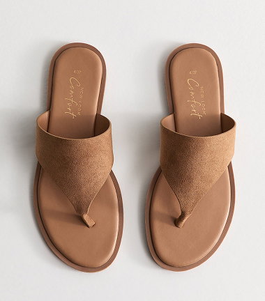 Tan Faux Suede Wide Toe Strap Flat Sandals