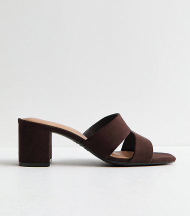 Dark Brown Faux Suede Cut Out Strap Block Heel Mules