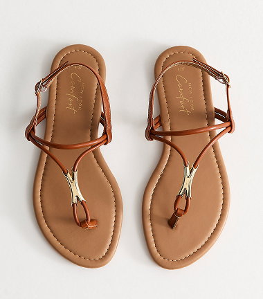 Tan Faux Leather Hardware Detail Toe Post Sandals