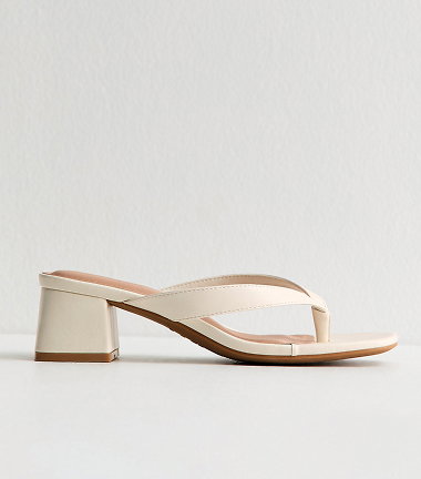 Off White Faux Leather Toe Post Block Heel Sandals