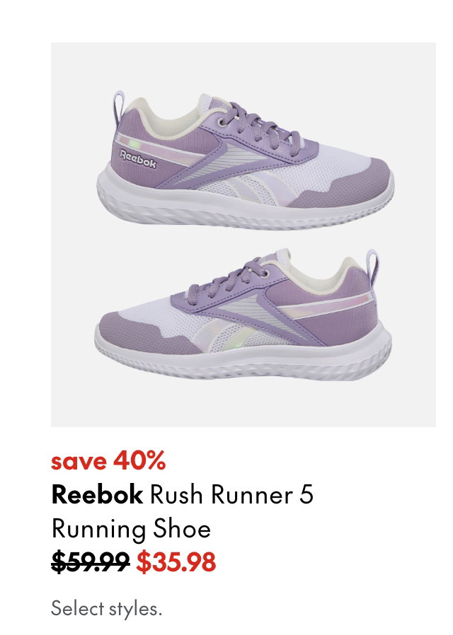 Reebok Rush Runner 5 Running Shoe
save 40%
59.99 (Strikethrough)
35.98
Select styles.