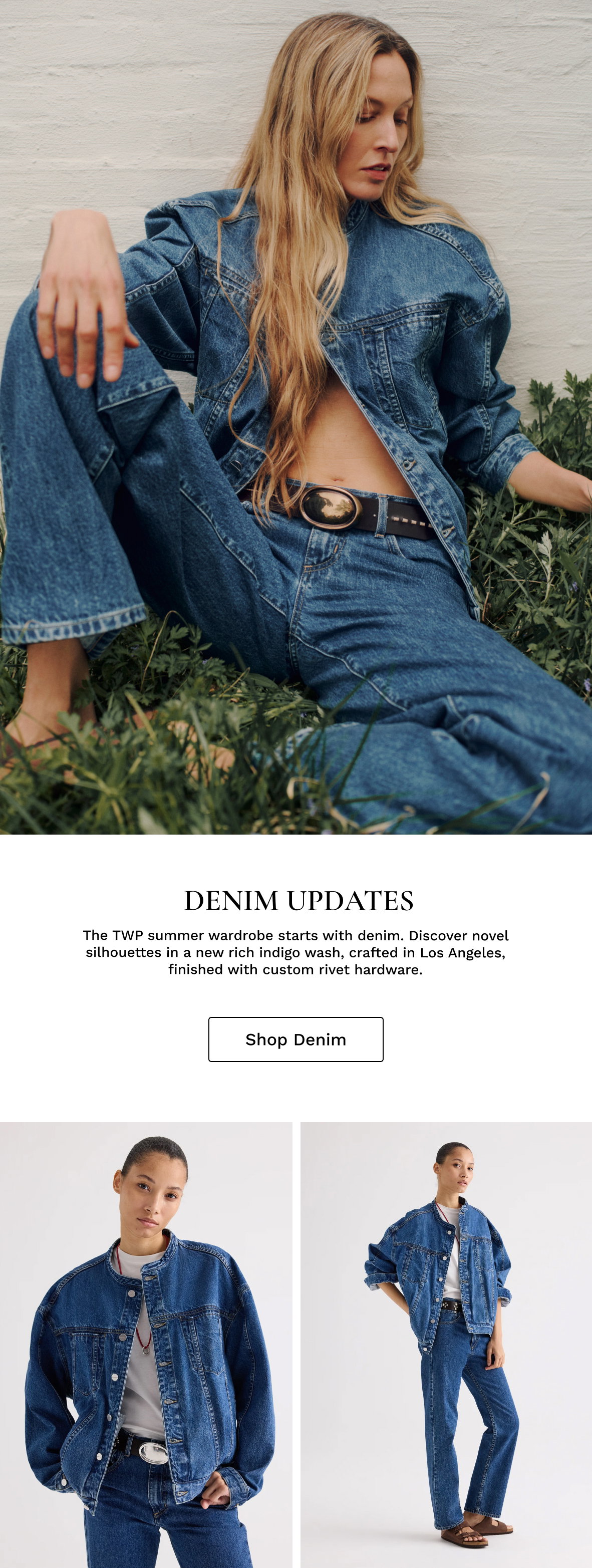 Image of a model in a denim outfit followed by black text and two images of a model in denim.