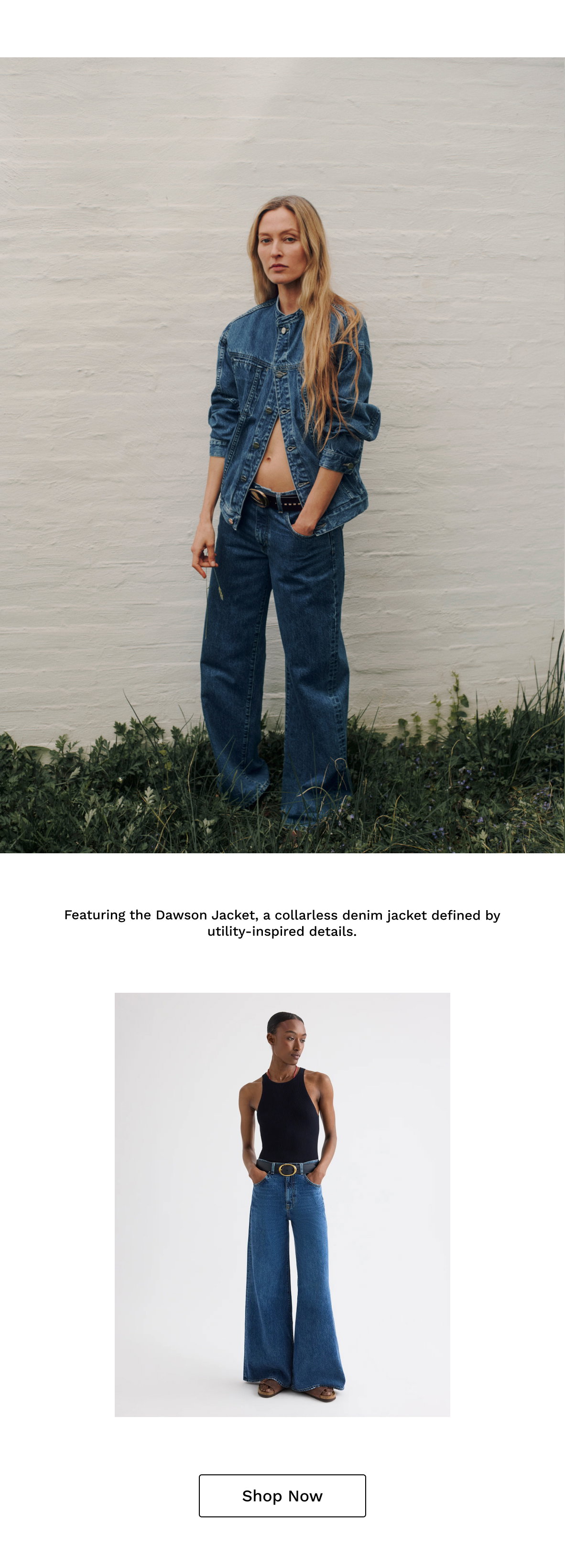Image of a model in a denim outfit followed by black text and an image of a model in a navy tank and blue jeans.