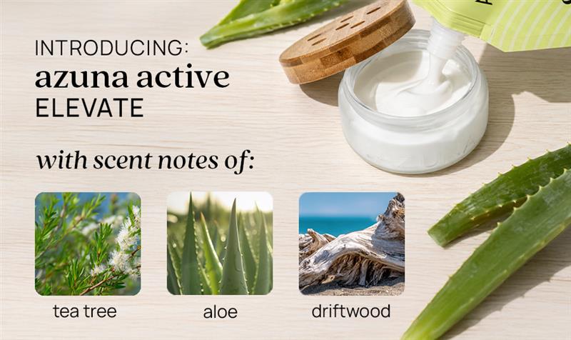introducing azuna active, with scent notes of tea tree, aloe, and driftwood