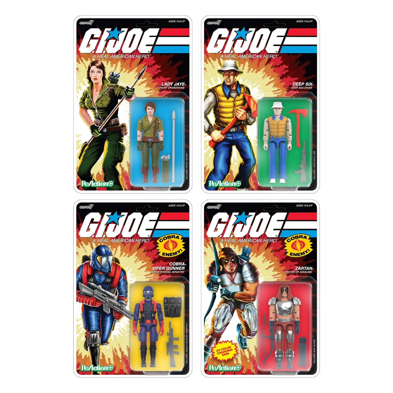 Image of G.I. Joe ReAction+ Wave 09 - Lady Jaye, Deep Six, Zartan & Cobra Viper Gunner