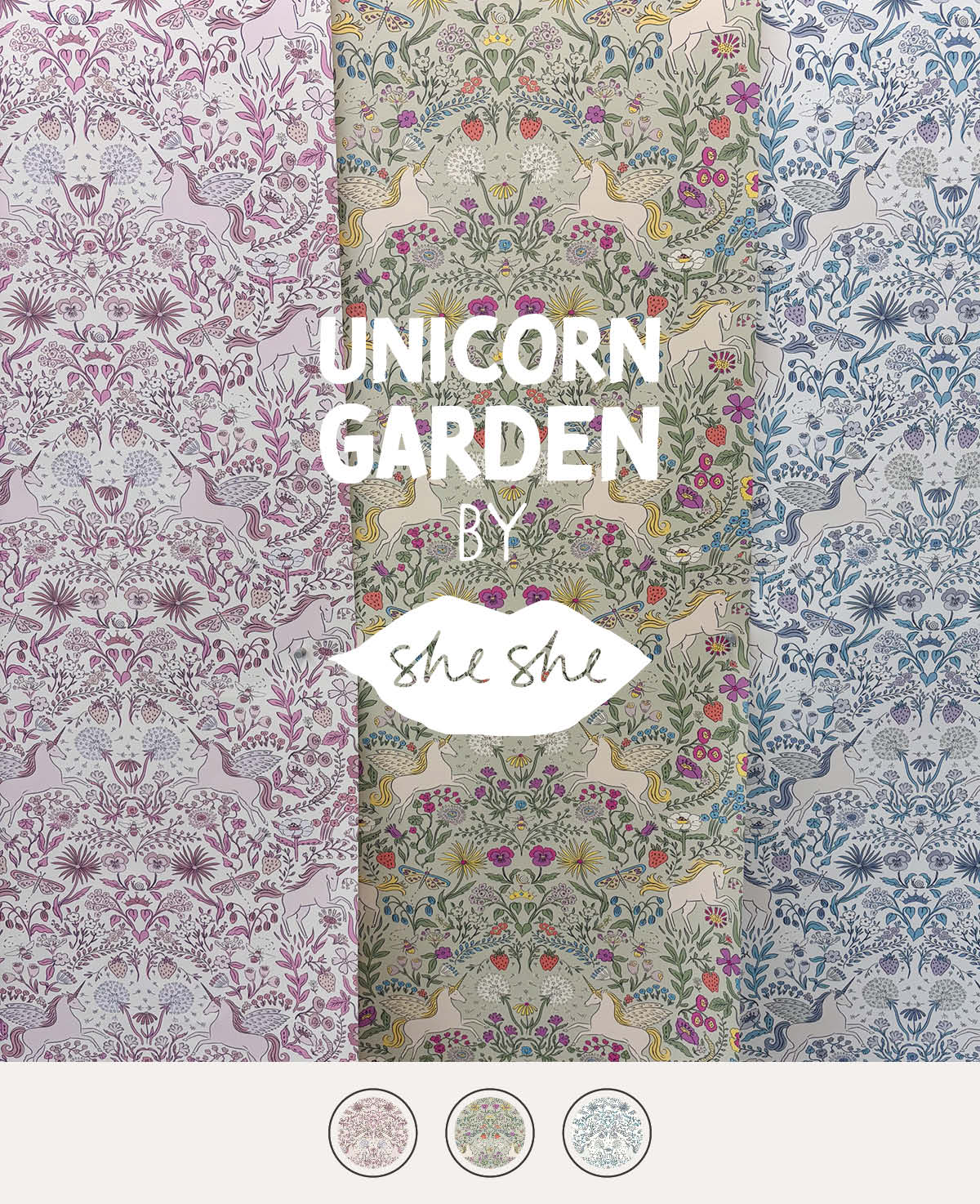 Image of Tempaper's Unicorn Garden wallpaper in 3 colors with text overlay Unicorn Garden by SheShe+````````````````````````````````````````````````````````````````````````````````