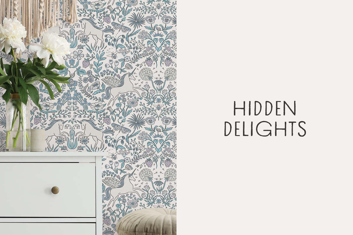 Image of Tempaper's Unicorn Garden in blue with text box "Hidden Delights"