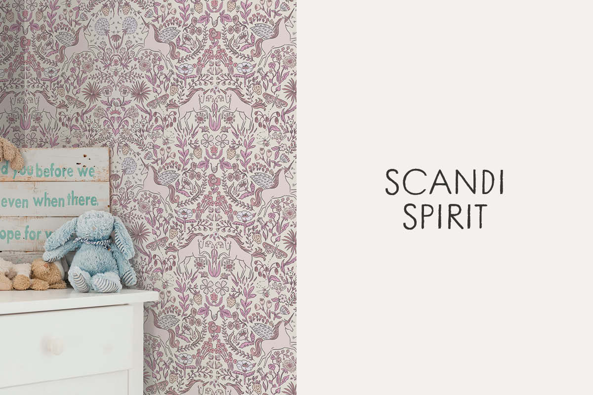 Image of Tempaper's Unicorn Garden in pink with text box "Scandi Spirit"