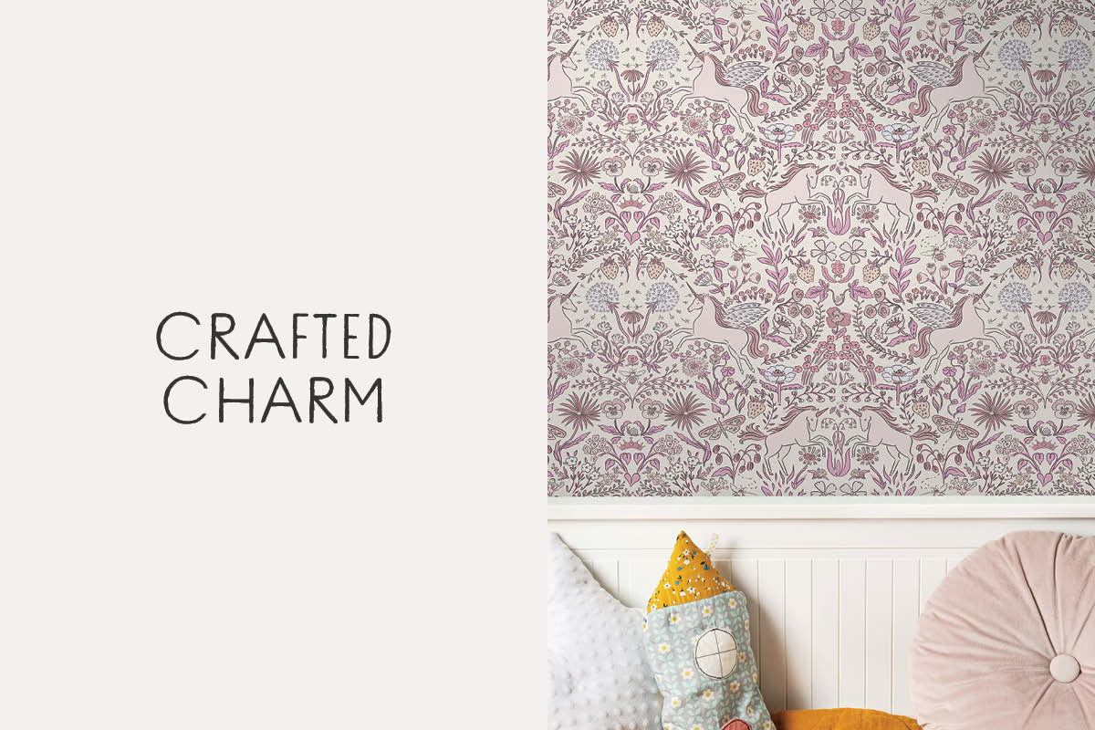 Image of Tempaper's Unicorn Garden in pink with text box "Crafted Charm"