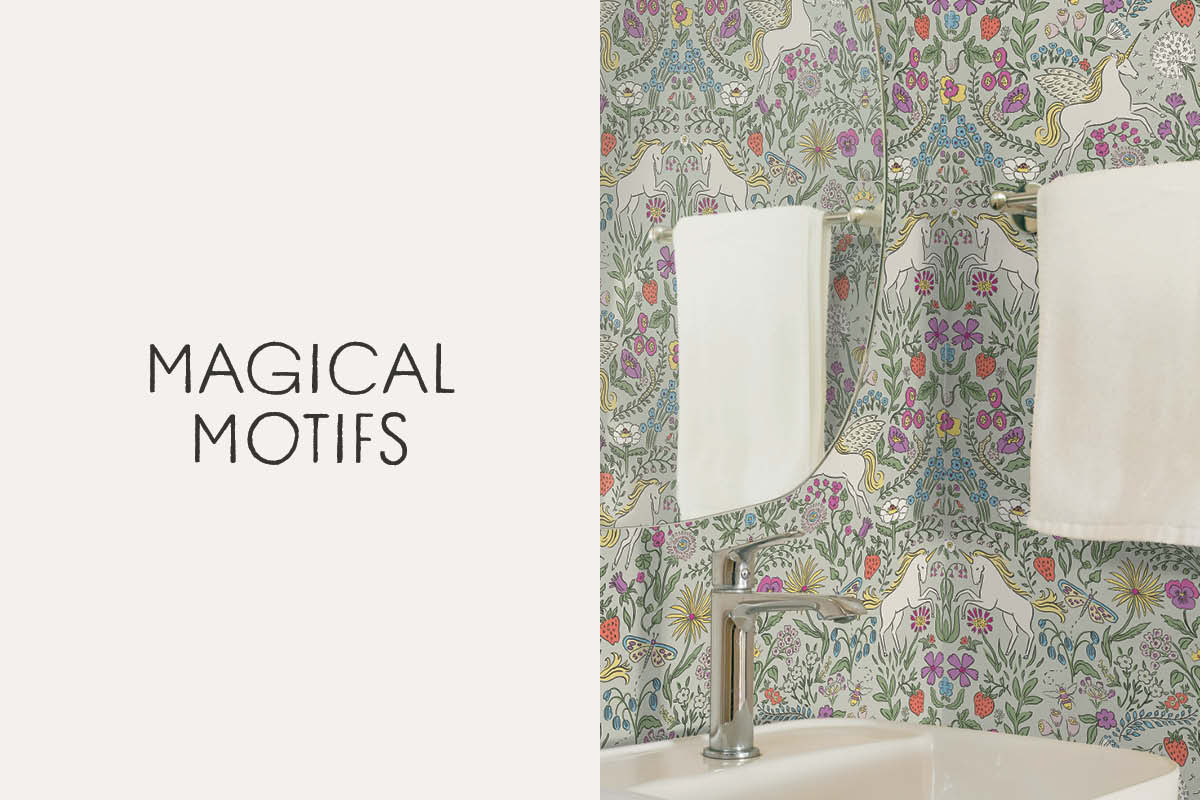 Image of Tempaper's Unicorn Garden in green with text box "Magical Motifs"