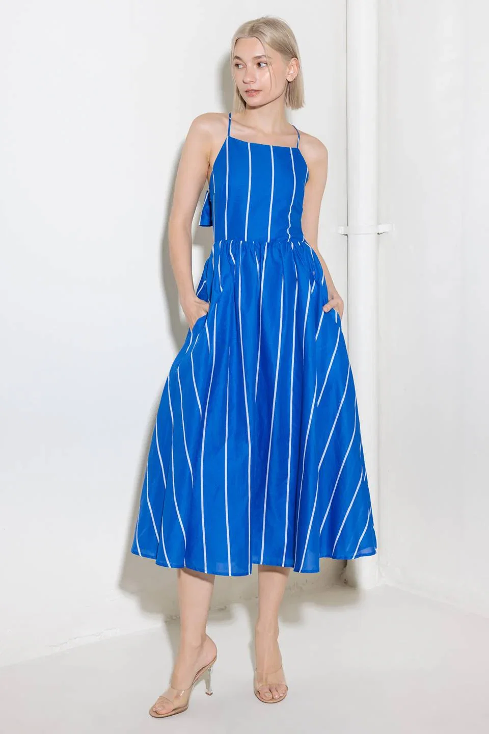Image of LET THE GOOD IN BLUE WOVEN MIDI DRESS