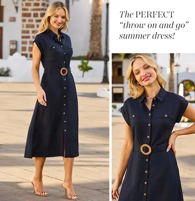 Navy Blue Linen Blend Rattan Belted Shirt Dress