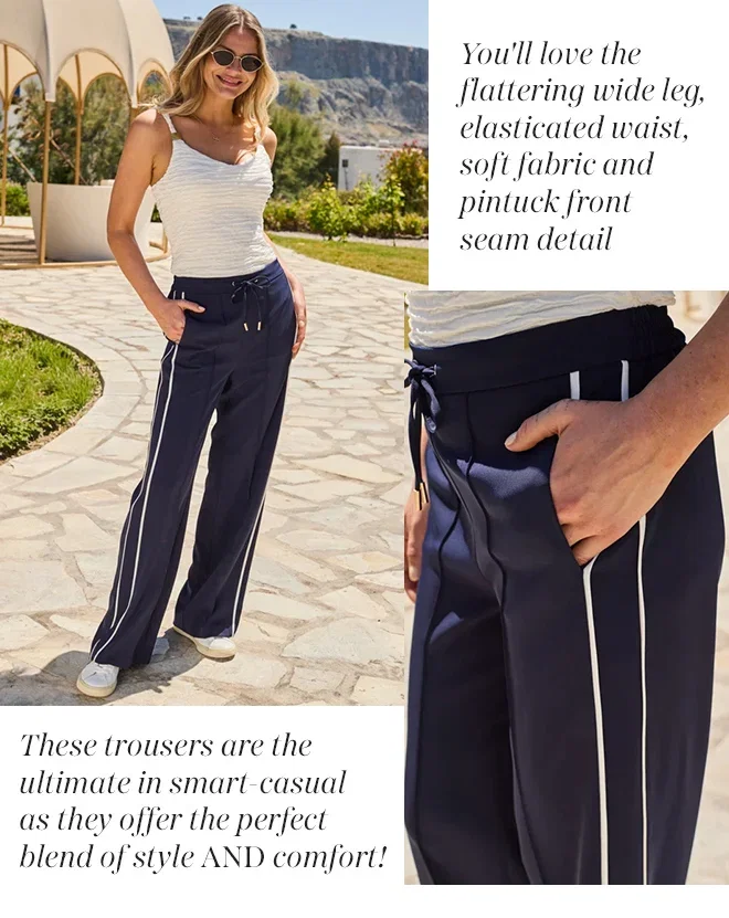 Navy Blue Side Stripe Drawstring Wide Leg Trousers