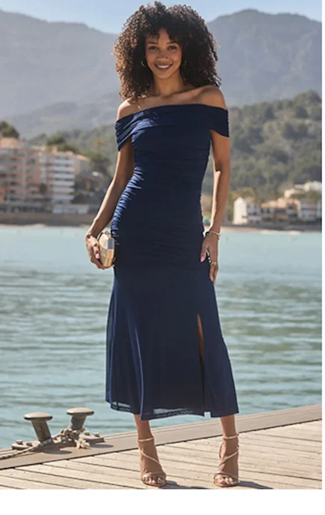 Navy Blue Mesh Bardot Ruched Midaxi Dress