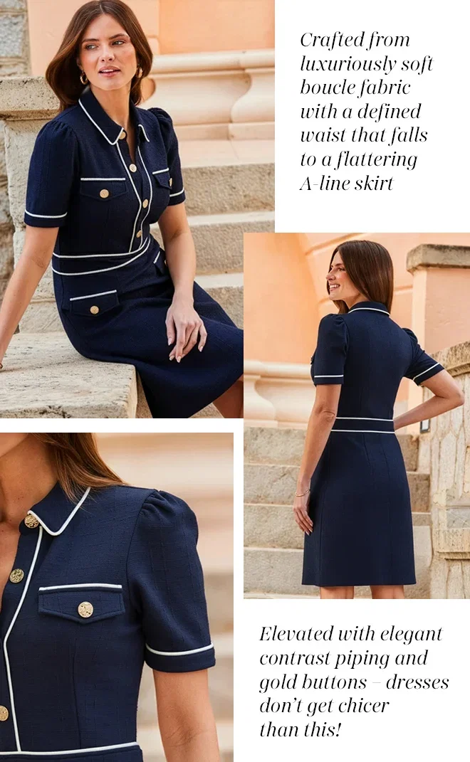 Navy Blue Boucle Contrast Trim Dress With Luxe Gold Buttons
