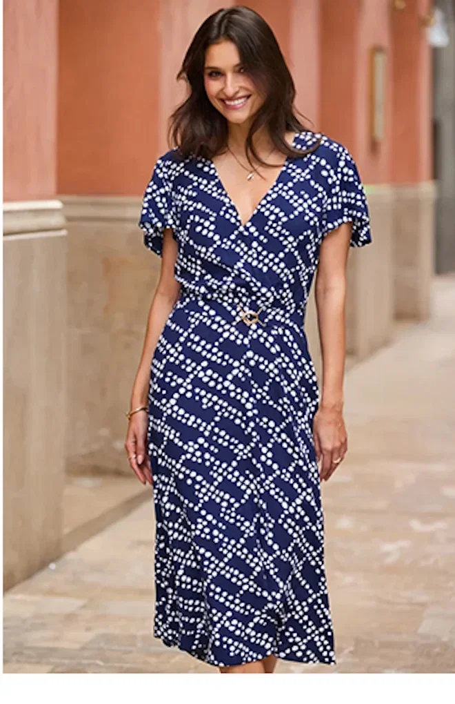Navy Blue Spot Print Flutter Sleeve Fit & Flare Dress