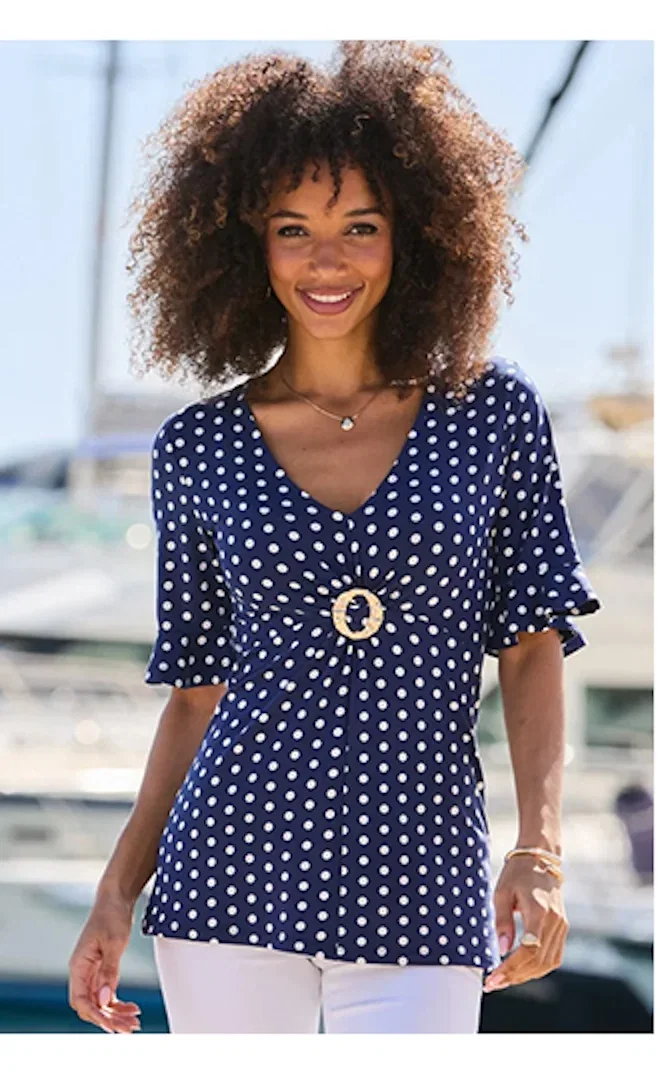 Navy Blue & White Polka Dot Print Ring Detail Top