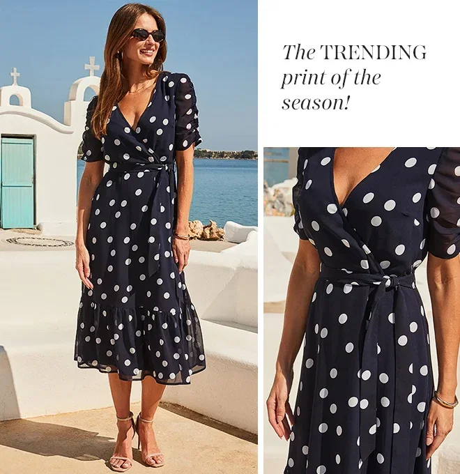 Navy Blue & White Polka Dot Print Faux Wrap Dress