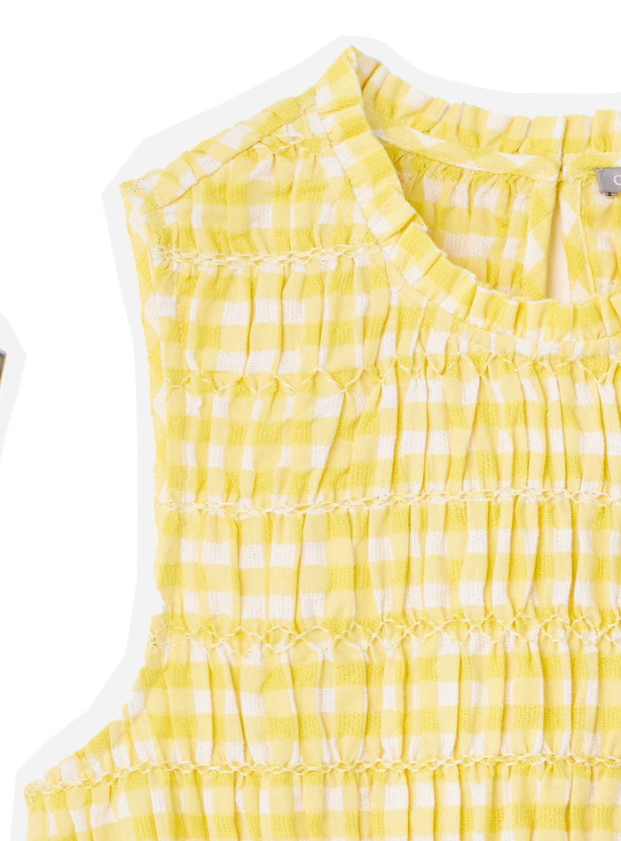 Yellow Gingham Shirred Sleeveles Top