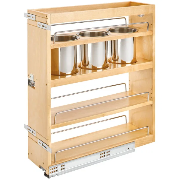 Rev-A-Shelf 449UT-BCSC-7C, Soft-Close 3-Bin Pullout Utensil Organizer for Minimum Cabinet Opening: 7-1/2" Width x 21-13/16" Depth x 25-1/4" Height, Bottom Mount, Clearcoat Wood Finish 