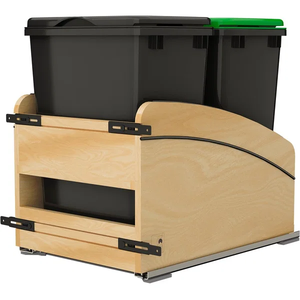Rev-A-Shelf 4WCCC-1835DM-218MB, 15" W x 22-1/16" D x 20-5/16" H Double Black 35 Quart Craftsman Collection Solid Maple Bottom Mount Pullout Waste Container with Black Accents, (2) Lids and BLUM Soft-Close Slides, Light Brown