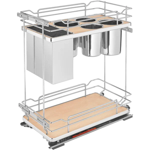 Rev-A-Shelf 5322KB-BCSC-11-MP, 11-3/4 Inch Width 2-Tier Wire Kitchen Base Cabinet Organizer for 12 Inch Width Base Cabinet with Knife Inserts, Bins, and Blum Soft-Close Slides, Natural, Min. Opening: 12" W x 21-3/4" D x 25" H