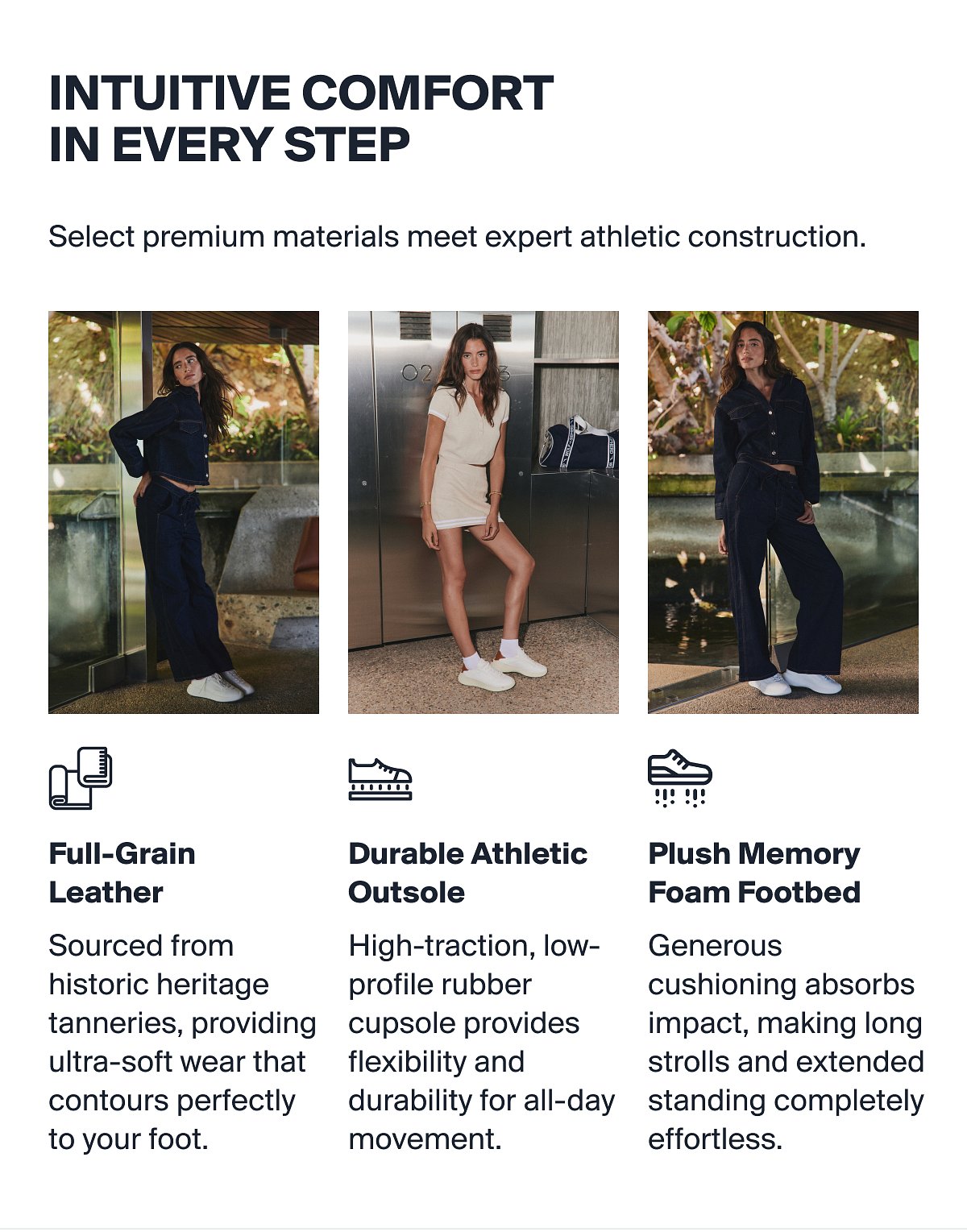 INTUITIVE COMFORT IN EVERY STEP | Select premium materials meet expert athletic construction. | Full-Grain  Leather Sourced from historic heritage tanneries, providing ultra-soft wear that contours perfectly to your foot. | Durable Athletic Outsole High-traction, low-profile rubber cupsole provides flexibility and durability for all-day movement. | Plush Memory Foam Footbed Generous cushioning absorbs impact, making long strolls and extended standing completely effortless.
