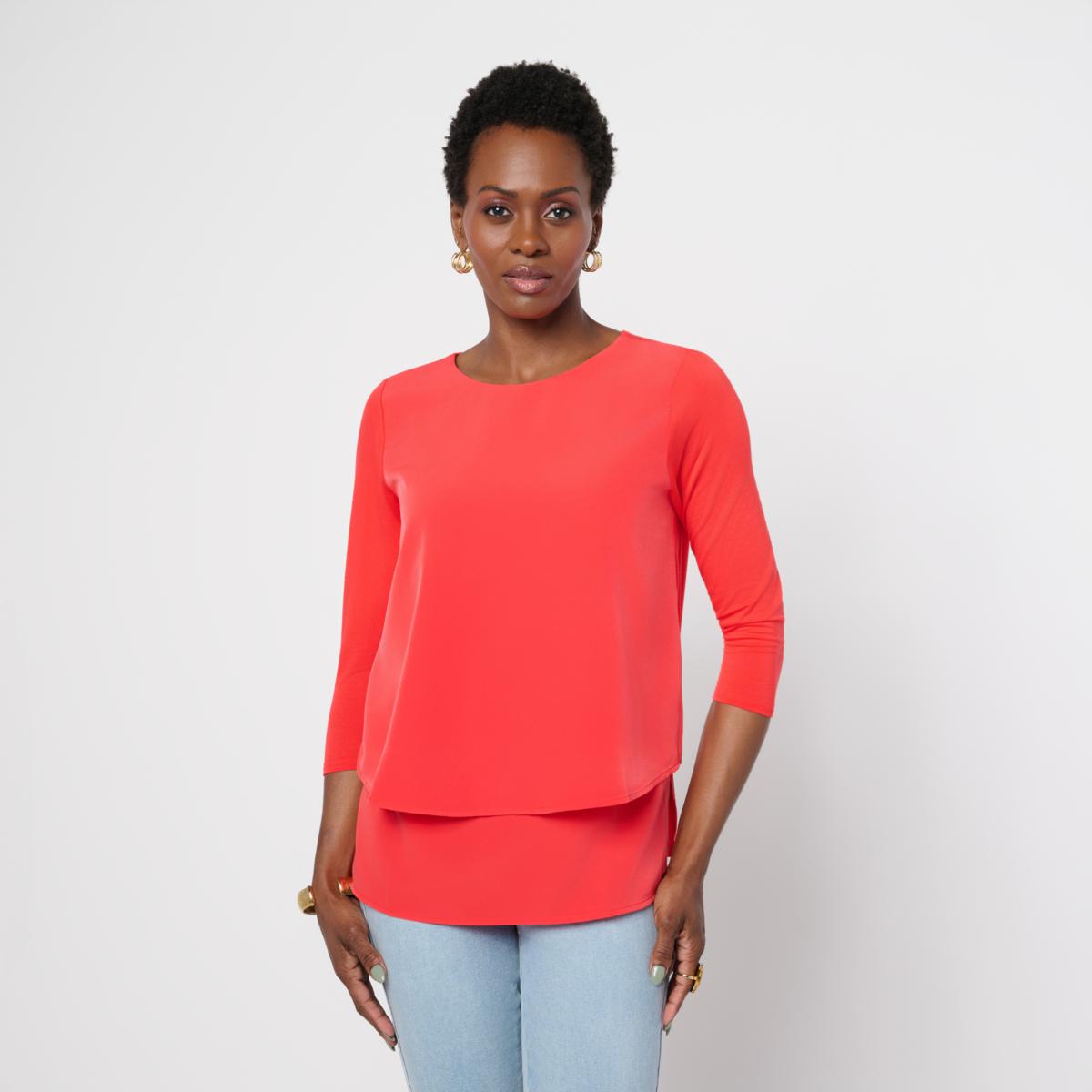 DG2 by Diane Gilman Double Layer Mixed Media 3/4-Sleeve Easy Tee