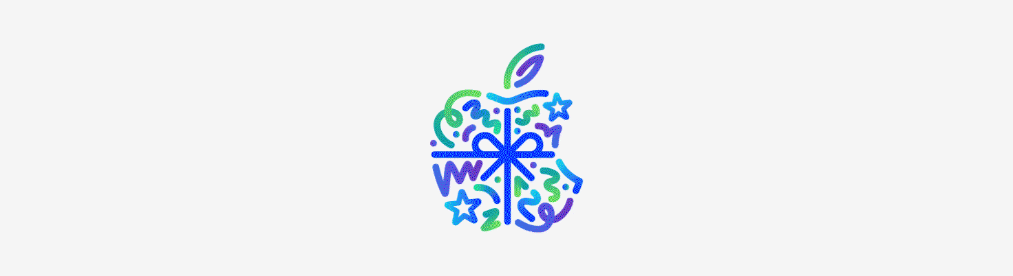 Dot, squiggle, spiral, and star shapes in different hues of blue, green, and purple burst and spread across from behind Apple logo, wrapped in a blue color bow, made up of dots, squiggles, spirals, and star shapes in different hues of blue, green, and purple