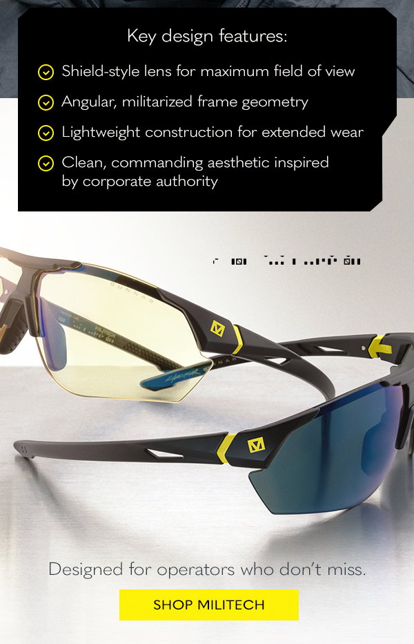 Key design features: Shield style lens for maximum field of view; Angular, militarized frame geometry; Lightweight construction for extended wear; Clean, commanding aesthetic inspired by corporate authority. Designed for operators who don't miss. Shop Militech.