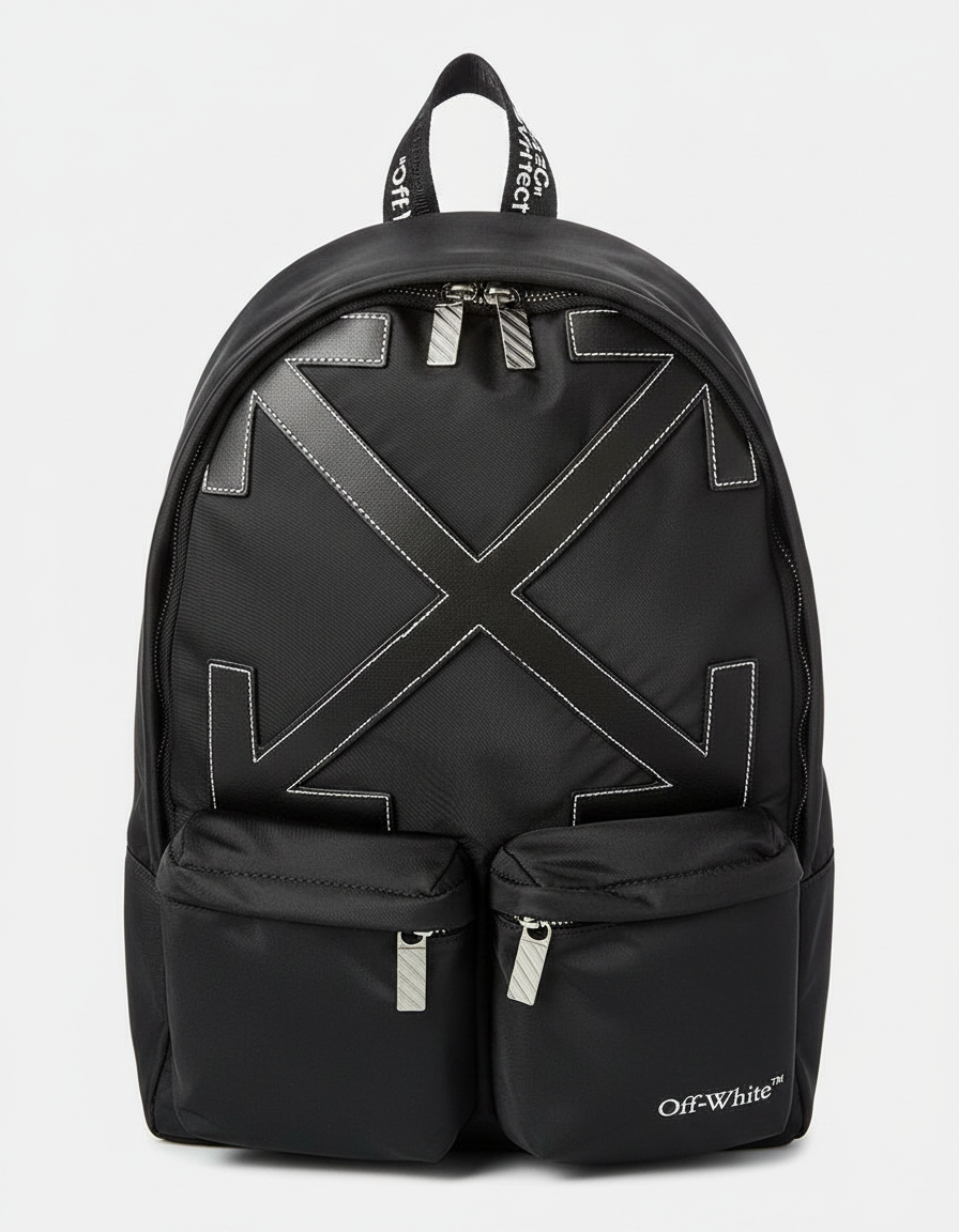 Black Off-White backpack with white arrow logo and dual front pockets.