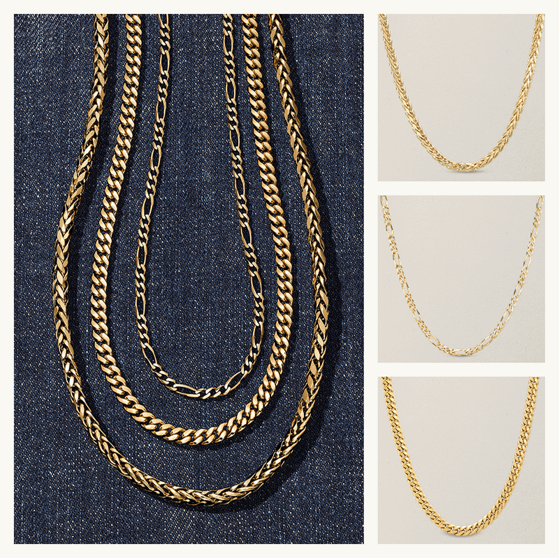Gold chains set against blue denim with product shots: Woven wheat, Figaro & Cuban chain.