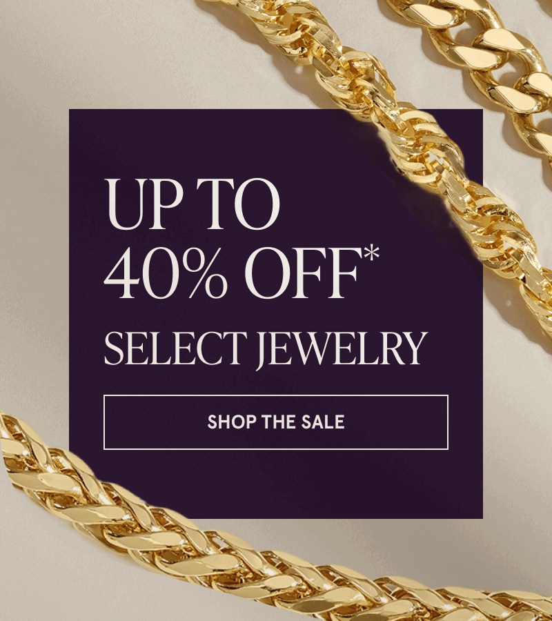 Variety of thick gold chains layered. Up to 40% OFF Select Jewelry.  Click here to shop the sale