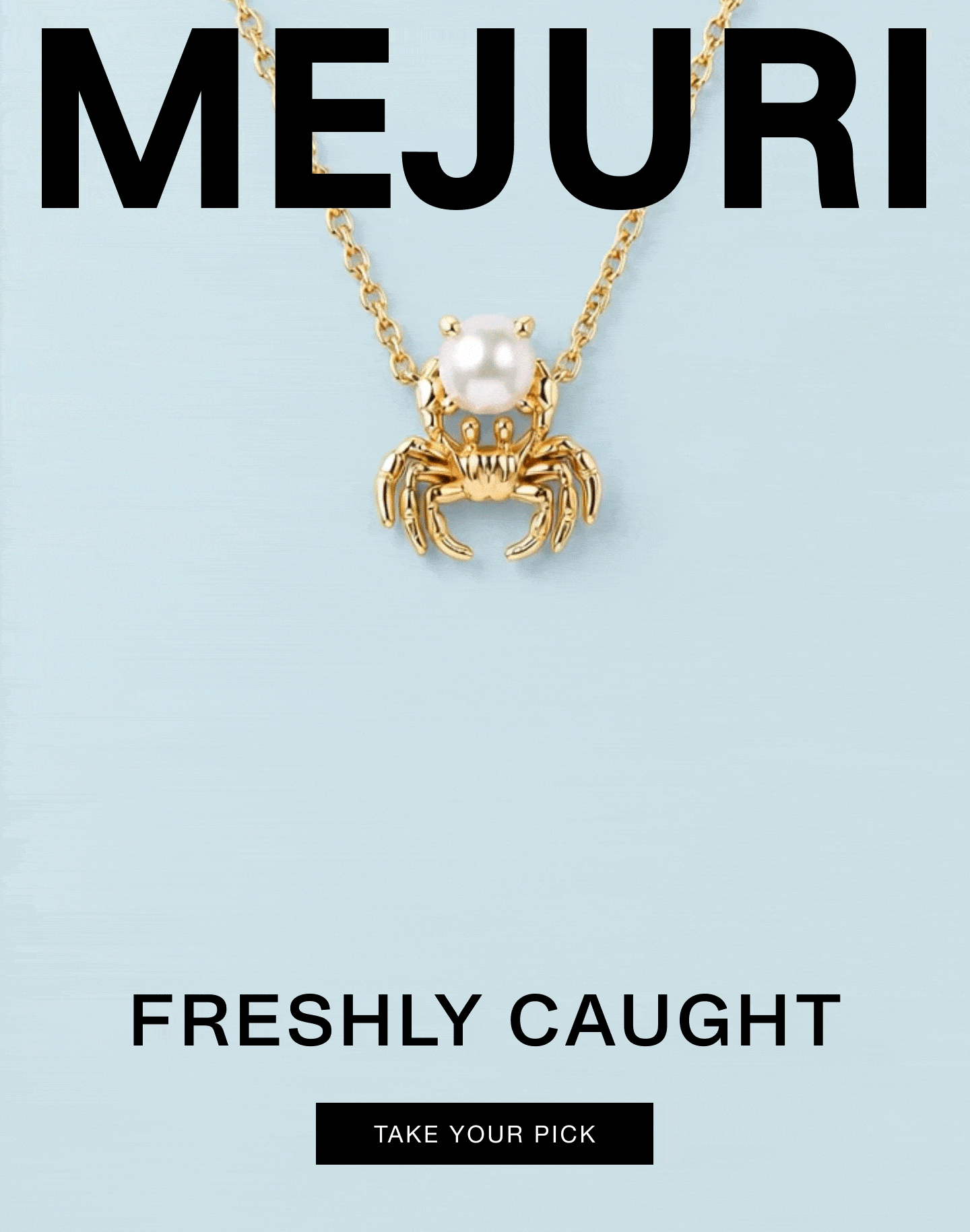 Mejuri gold crab pendant necklace with a freshwater pearl on a light blue background — Mejuri, Freshly Caught.