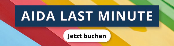 Banner mit Text „AIDA LAST MINUTE“ und Button „Jetzt buchen“ auf farbigem Streifenhintergrund.