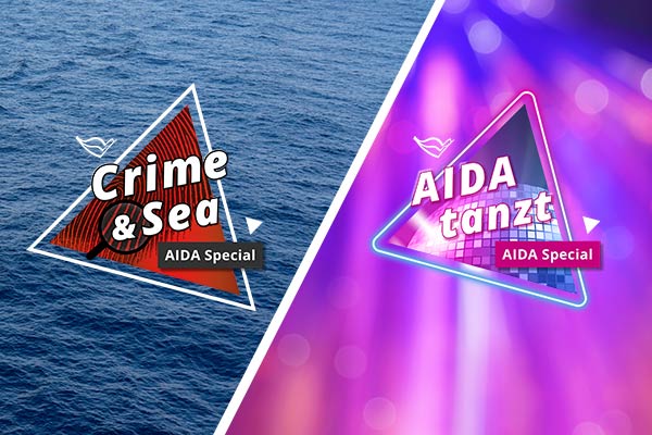 Zweiteiliges Motiv mit Meer und Eventgrafik „Crime & Sea AIDA Special“ links sowie farbiger Bühne mit „AIDA tanzt AIDA Special“ rechts