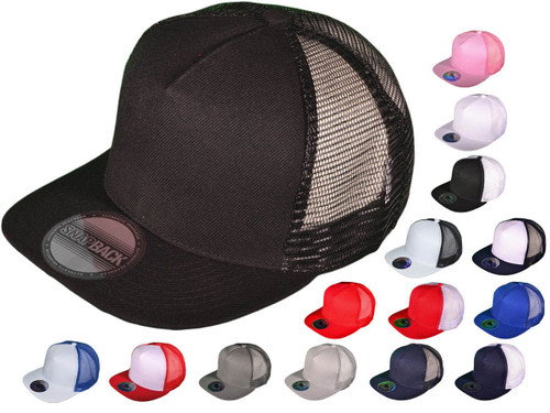 Flat Bill Trucker Hats - 5 Panel SnapBack Mesh 2 Tone BK Caps (15 Colors) - 4852