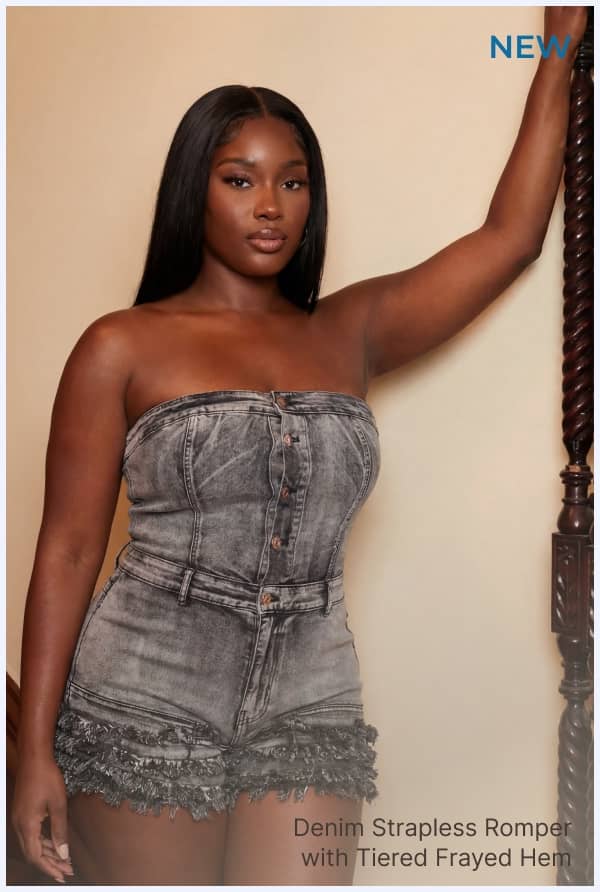 Shop Plus Size Denim Strapless Romper with Tiered Frayed Hem