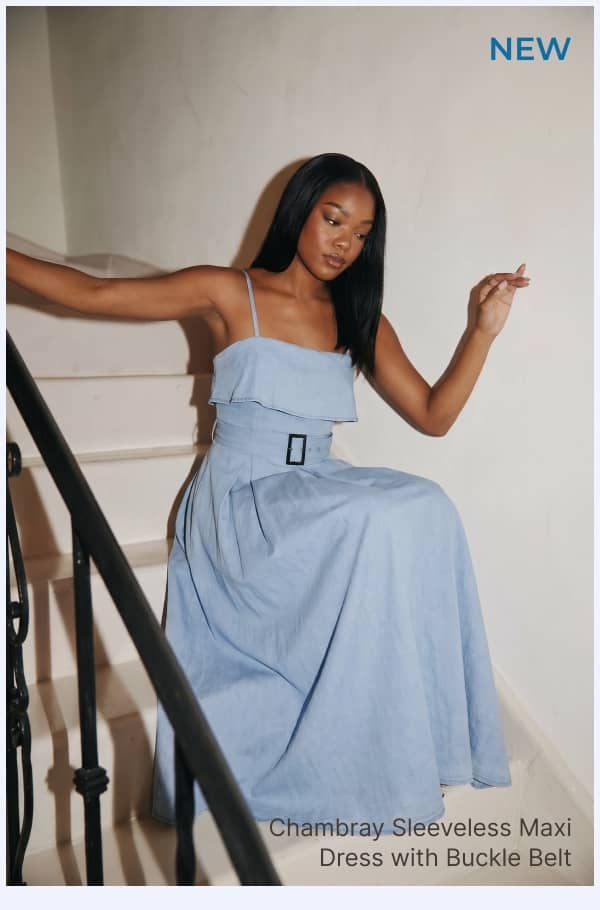 Shop Chambray Sleeveless Maxi Dress with Buckle Belt